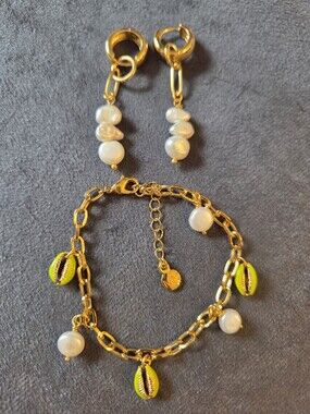 Mayamar 24k Dipped Bracelet And Earrings Paperclip Chain Pearls NEW